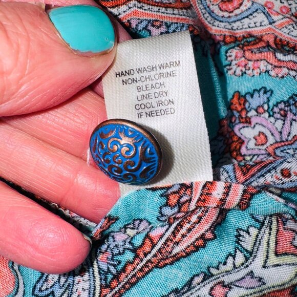 Anthropologie CYRENA Mixed Print Boho Button Front High Low LS Tunic Top L Artsy - Picture 7 of 9